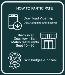 Image tutorial: How to participate: Download Vibemap Check in at Downtown San Mateo restaurants Sept 10-30 Win badges and prizes