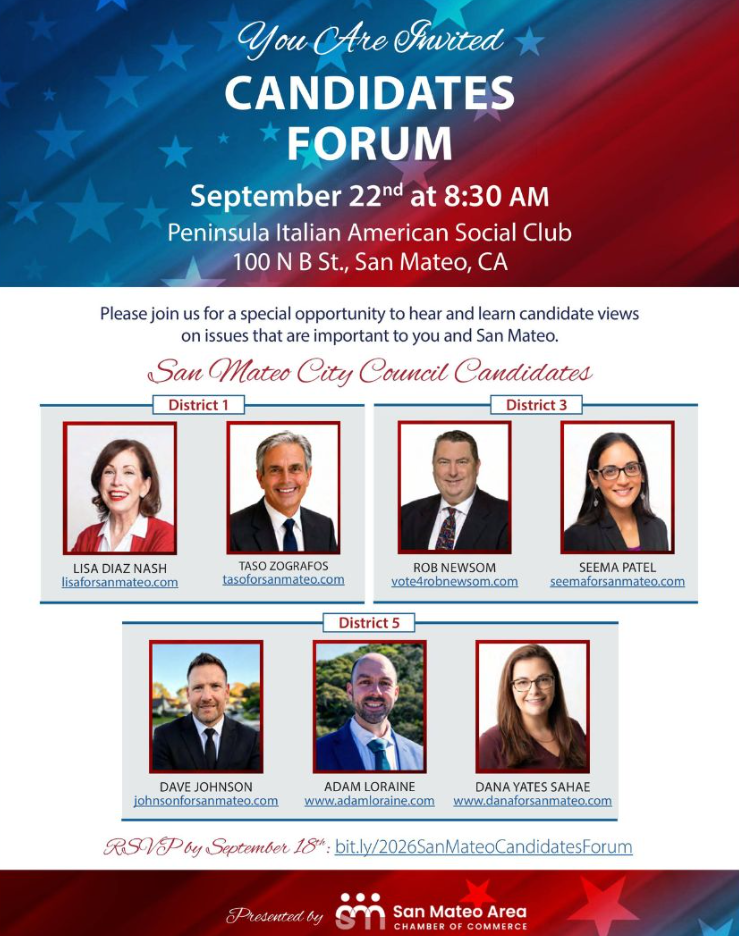 Flyer for the candidate forum. Includes portraits of the 7 candidates who will be in attendance.