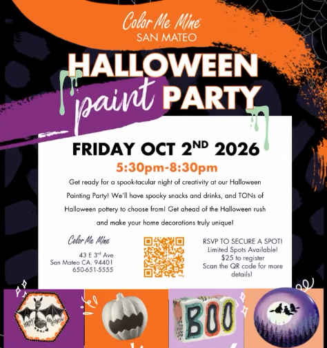 flyer for the party with 4 examples of pottery painted with Halloween decorations