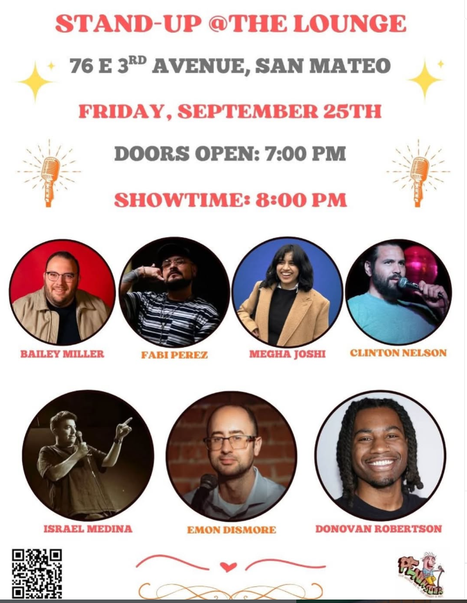 Promotional poster for Stand-Up Comedy at The Lounge in San Mateo on Friday, September 25th at 8:00 PM, featuring seven comedians.