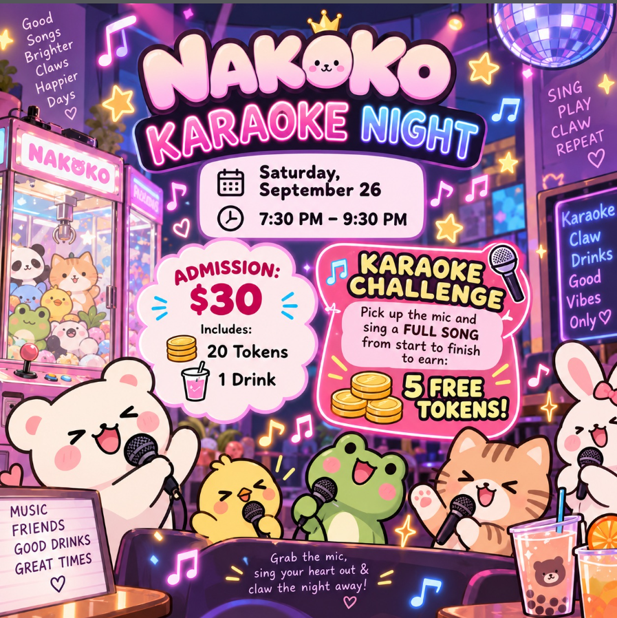 flyer for the karaoke night with cartoon images of animals singing and claw machines in the background