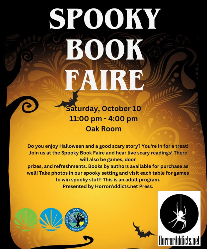 Flyer for the Spooky Book Faire on Saturday, October 10, 11 AM – 4 PM in the Oak Room, presented by HorrorAddicts.net Press and the City of San Mateo.