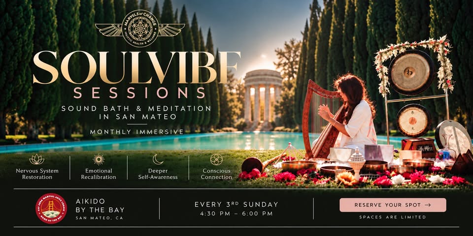 Promotional image for Soulvibe Sessions monthly sound bath and meditation in San Mateo, featuring a musician with a harp, gongs, and singing bowls in a scenic garden.