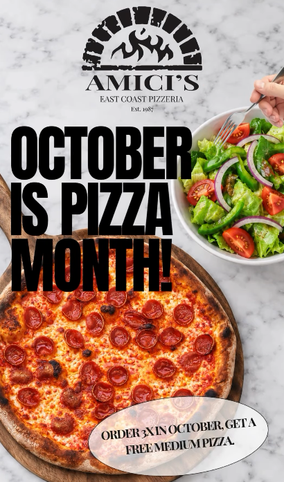 Flyer showing Amici's East Coast Pizzeria celebrating October Pizza Month