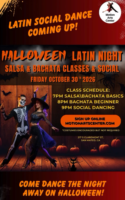 Flyer for halloween Latin Night at Motion Arts Center displays dancers wearing Halloween costumes.