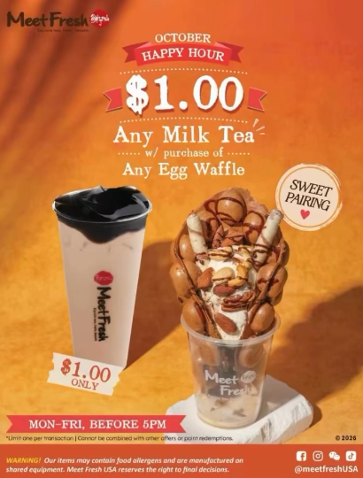 Meet Fresh October Happy Hour Flyer displaying a milk tea and chocolate bubble waffle