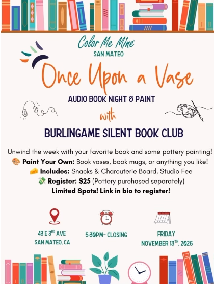 Flyer displaying a Audiobook event taking place at Color Me Mine