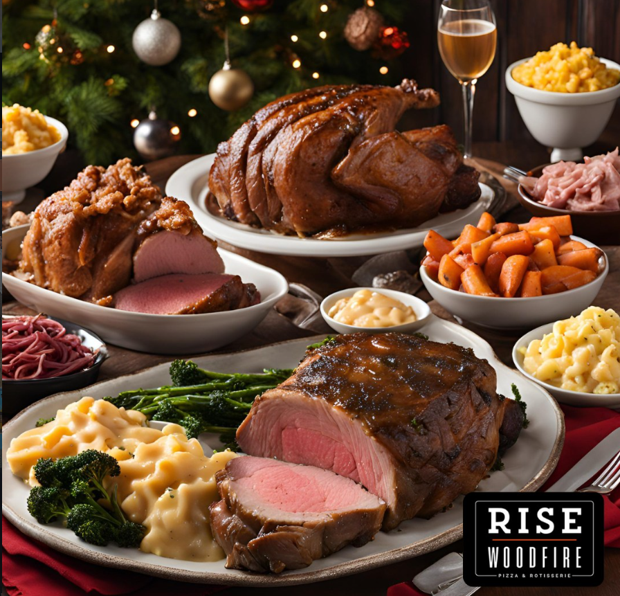 photo of a holiday feast and the Rise Woodfire logo