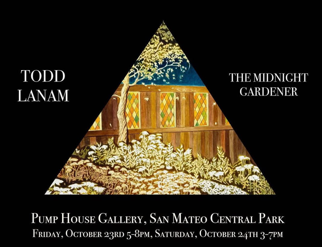 Flyer for the exhibit, with a triangular image in the center of one of the artist's paintings