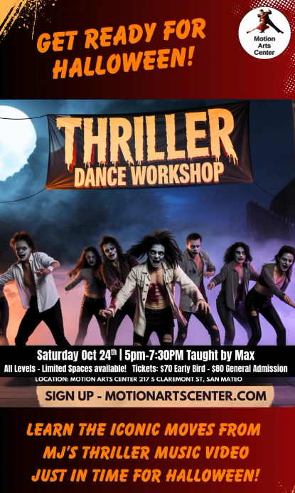 Flyer for Motion Arts Center displaying a Thriller Dance Workshop